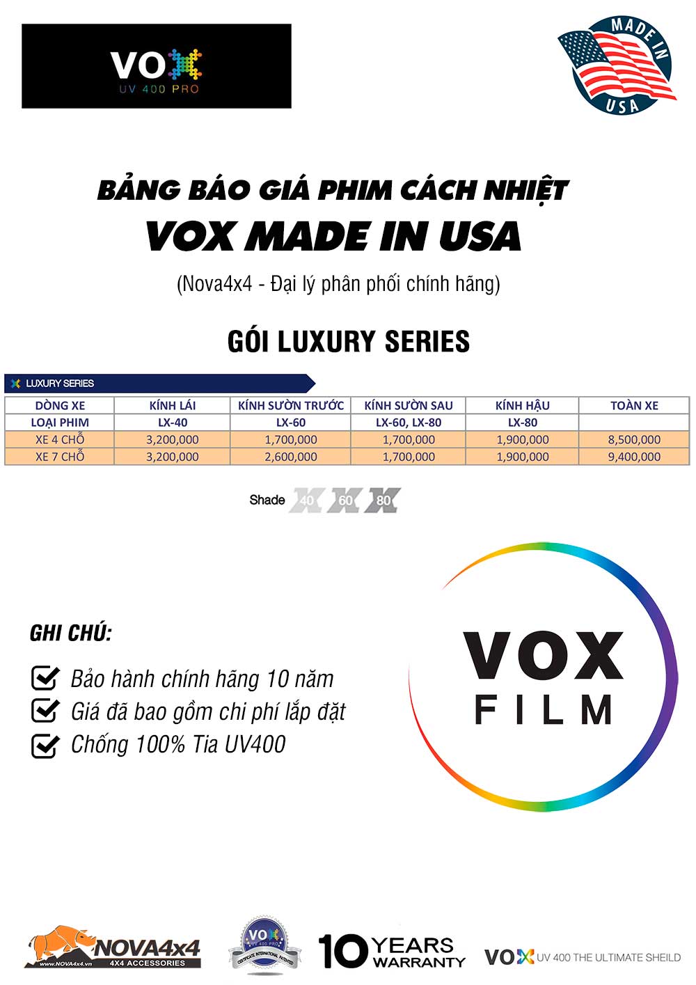bảng giá phim cách nhiệt VOX USA