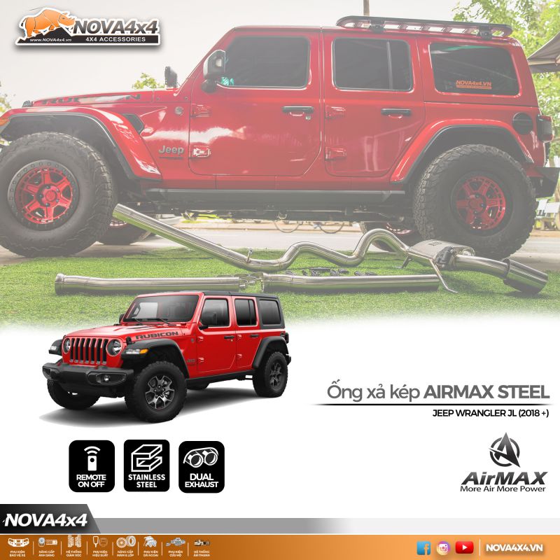 Ống xả kép On Off AirMax Stainless Steel cho Jeep Wrangler JL 2018+ -  Nova4x4