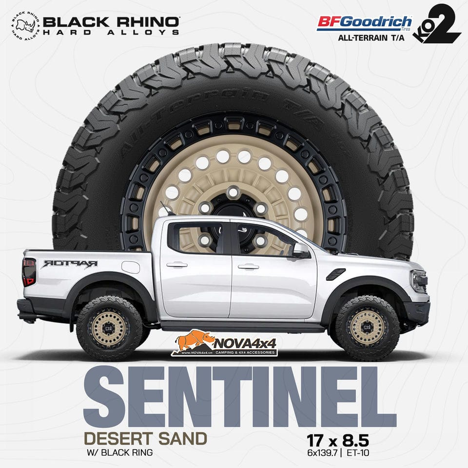 Mâm Black Rhino Sentinel vàng cát lắp cho xe Ford Ranger Raptor màu trắng