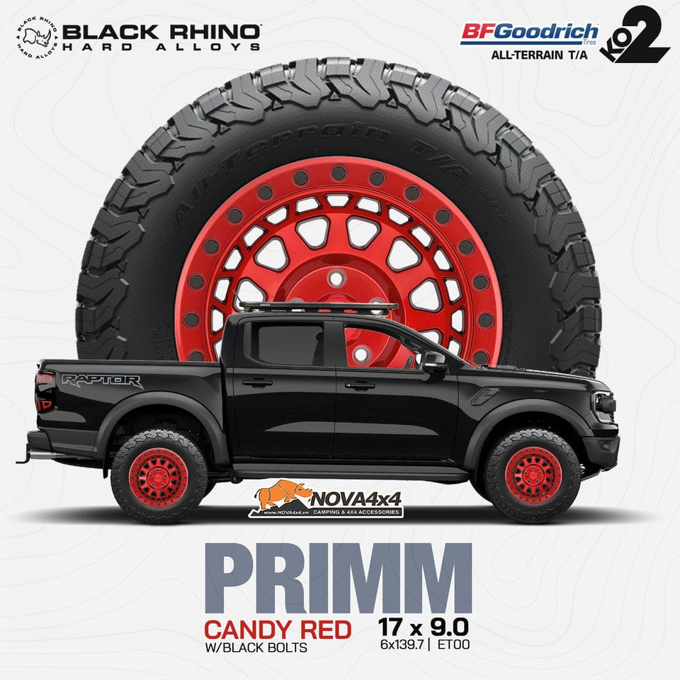 Mâm Black Rhino Primm màu đỏ lắp trên xe Ford Ranger Raptor màu đen