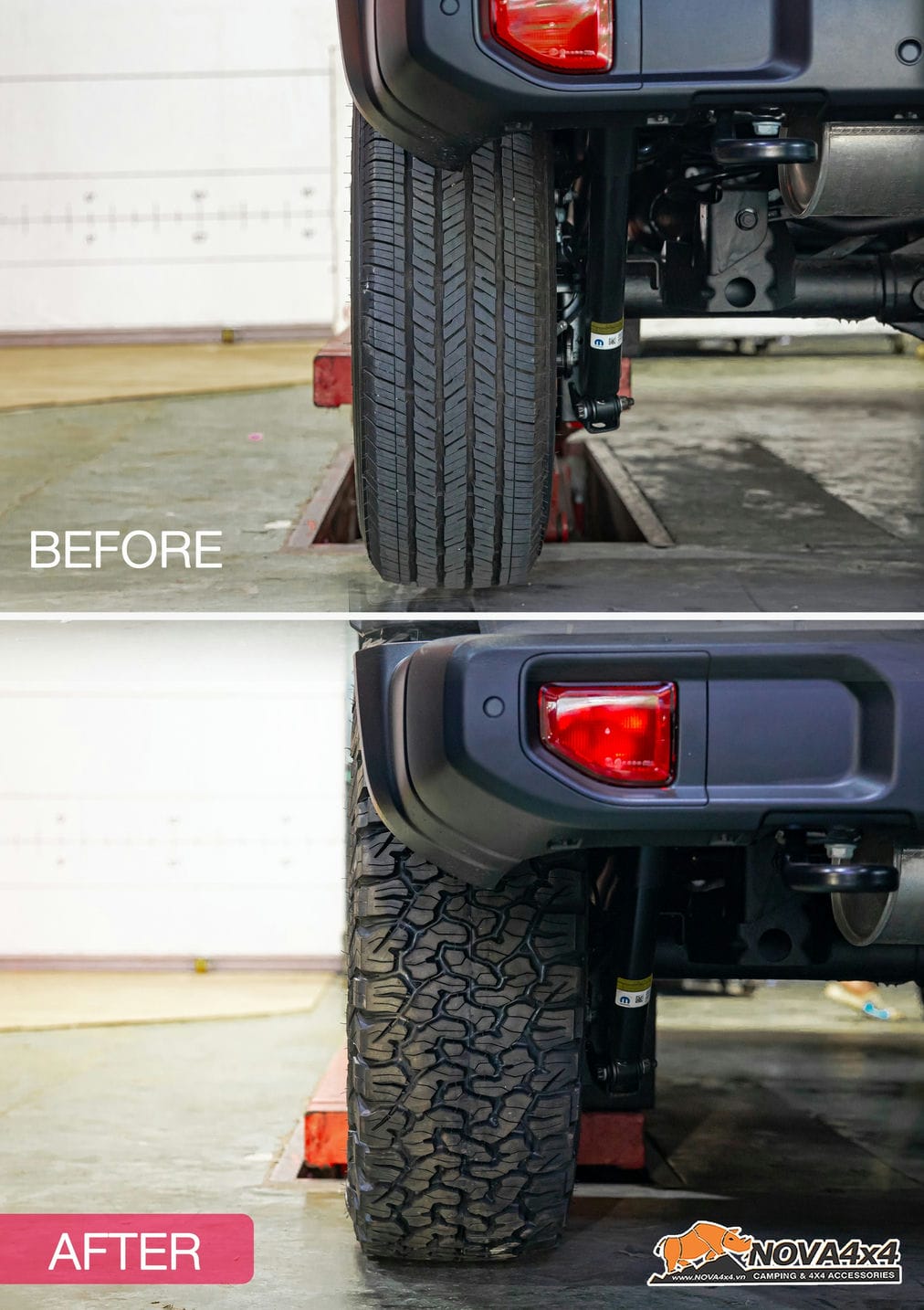 lốp xe trước và sau khi được trang bị lốp BFGoodrich KO2