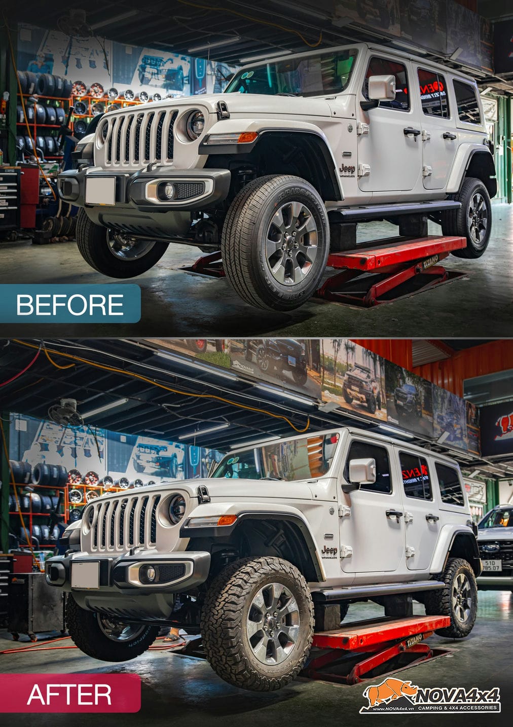 xe Jeep Wrangler trước và sau khi được trang bị lốp BFGoodrich KO2