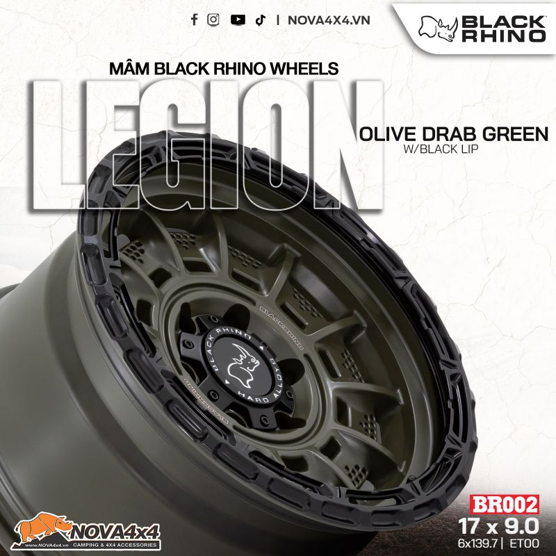 Mâm Black Rhino Legion BR002 17×9 | 6×139.7 | ET0 | CB 106,1 (màu xanh olive) mâm Black Rhino Legion Olive Drab Green